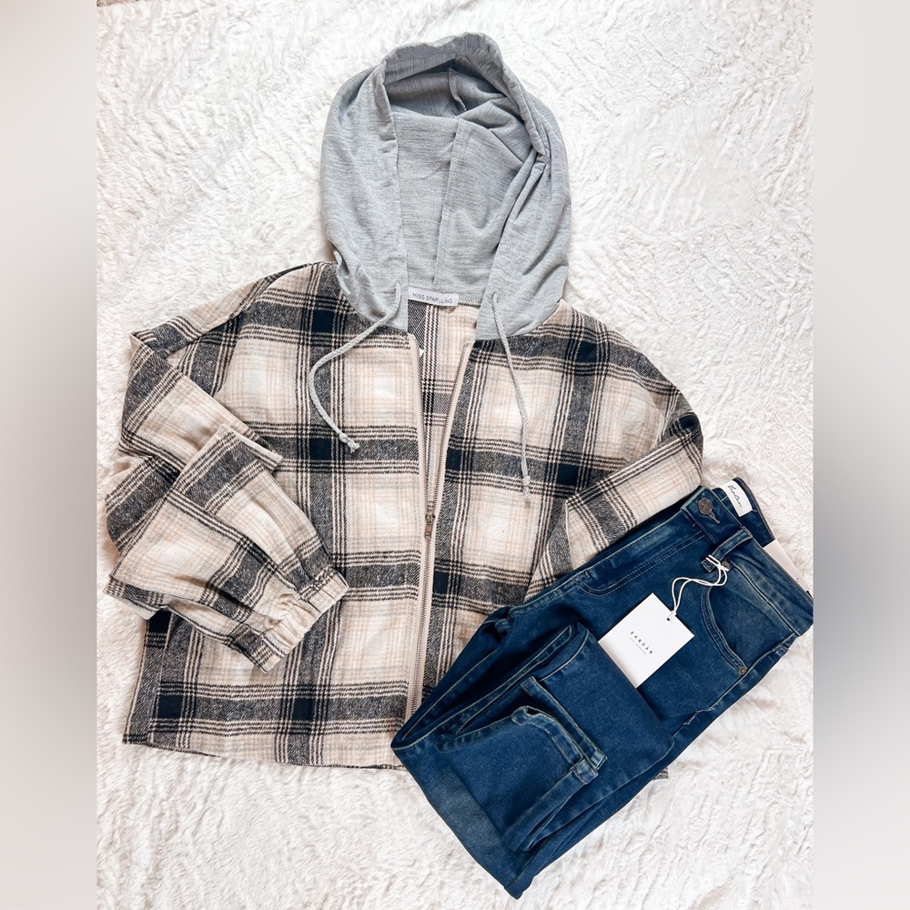 NWT! Plaid Zip-Up Shacket with Hood